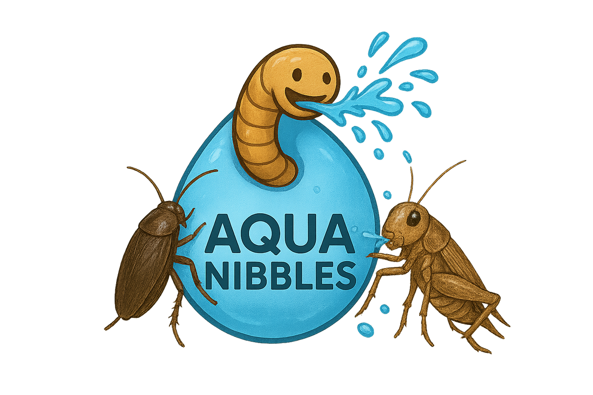 Illustration of a worm with a smiling face, surrounded by cockroaches, with 'Aqua Nibbles' branding.