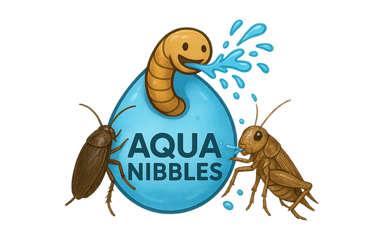 Illustration of a worm with a smiling face, surrounded by cockroaches, with 'Aqua Nibbles' branding.